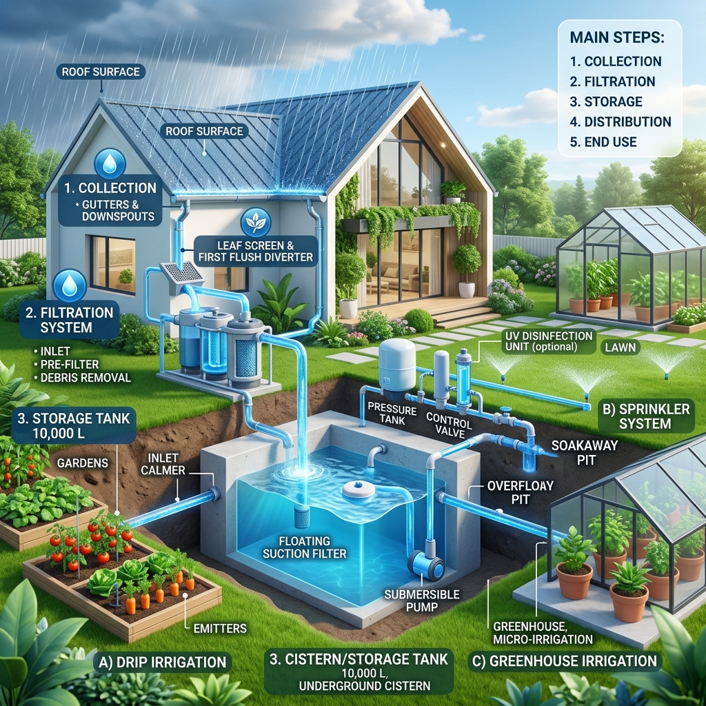 Infografia de sistema de reaproveitamento de água pluvial